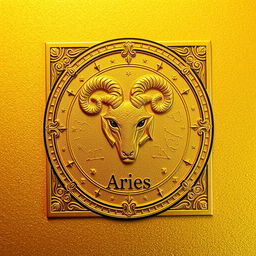 A beautifully designed golden zodiac card specifically for the Aries sign, featuring intricate astrological symbols and patterns