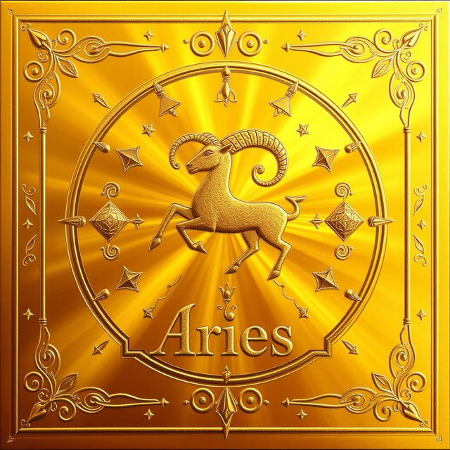 A stunning golden zodiac card dedicated to the Aries sign, featuring intricate and artistic details
