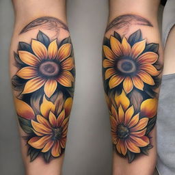 An intricate, high-quality tattoo design showcasing a vibrant sunflower in full bloom, its petals radiating warmth and vitality