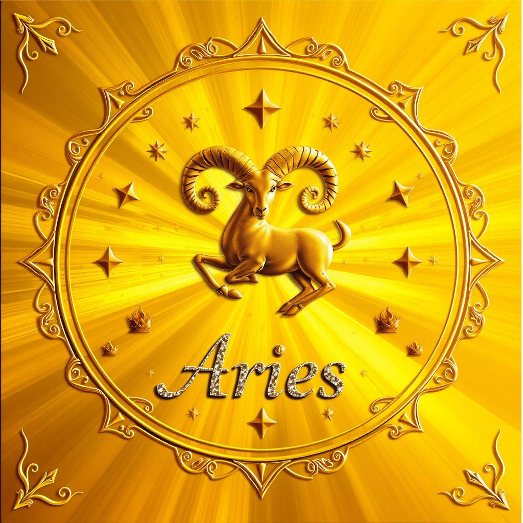 A stunning golden zodiac card dedicated to the Aries sign, featuring intricate and artistic details
