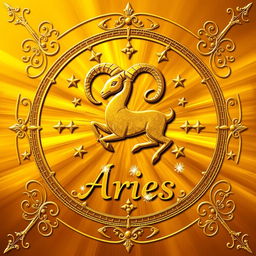 A stunning golden zodiac card dedicated to the Aries sign, featuring intricate and artistic details