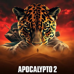 An epic and dramatic movie poster for "Apocalypto 2 (2025)" featuring Jaguar Paw centered prominently, showcasing his intense eyes filled with tension and determination