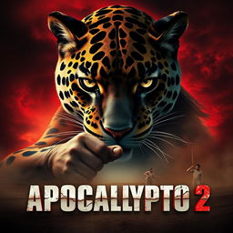 An epic and dramatic movie poster for "Apocalypto 2 (2025)" featuring Jaguar Paw centered prominently, showcasing his intense eyes filled with tension and determination