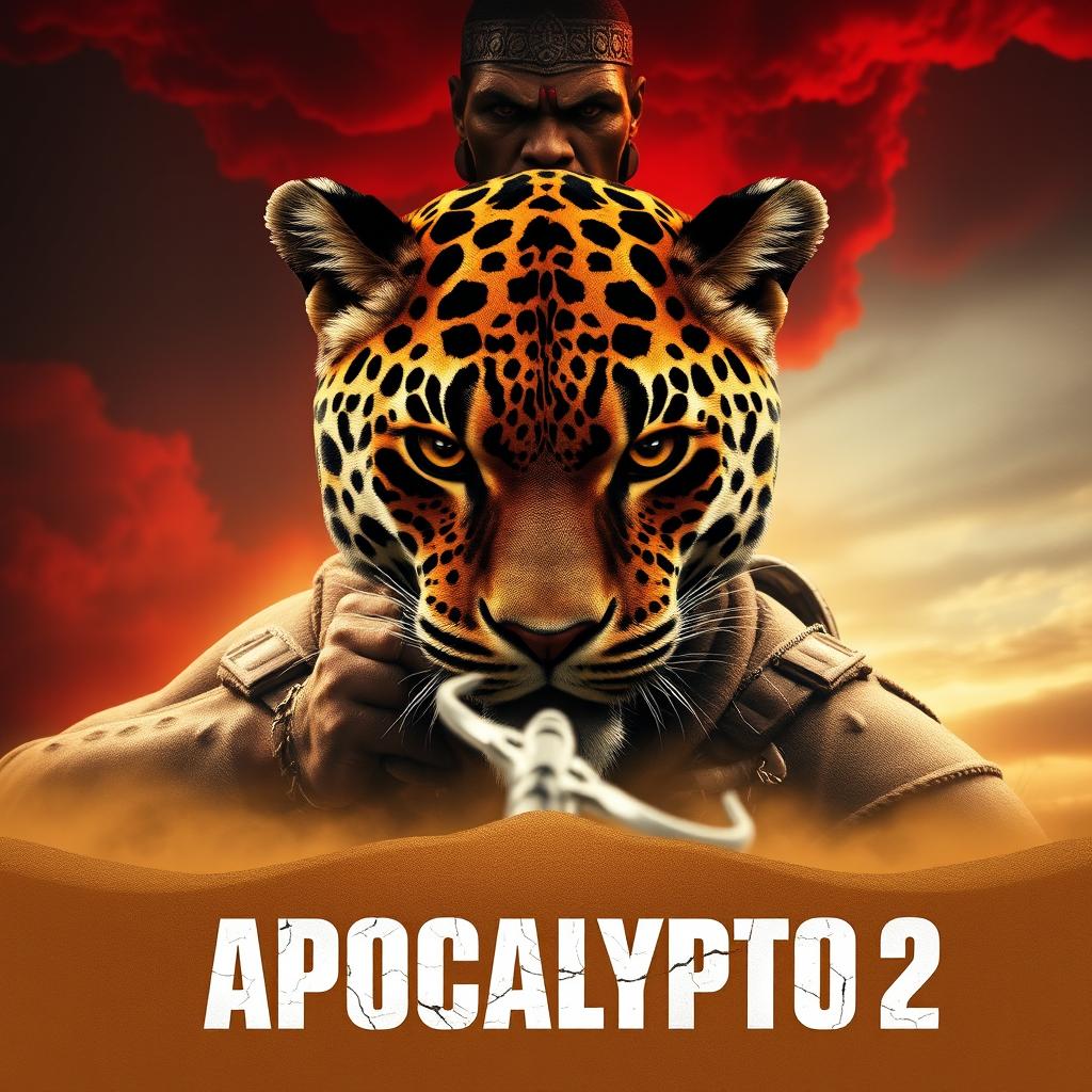 An epic and dramatic movie poster for "Apocalypto 2 (2025)" featuring Jaguar Paw centered prominently, showcasing his intense eyes filled with tension and determination