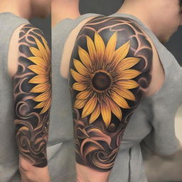 An intricate, high-quality tattoo design showcasing a vibrant sunflower in full bloom, its petals radiating warmth and vitality