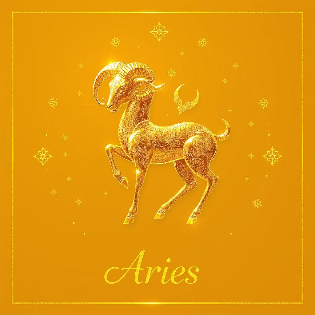 A beautifully designed golden zodiac card for the Aries sign, showcasing its symbol, the ram, intricately detailed in shimmering gold