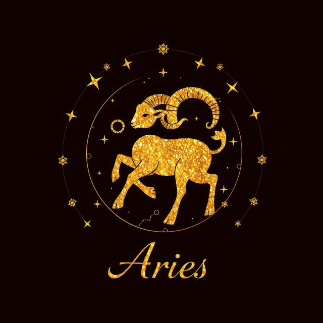 A beautifully designed golden zodiac card for the Aries sign, showcasing its symbol, the ram, intricately detailed in shimmering gold