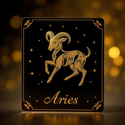 A beautifully designed golden zodiac card for the Aries sign, showcasing its symbol, the ram, intricately detailed in shimmering gold