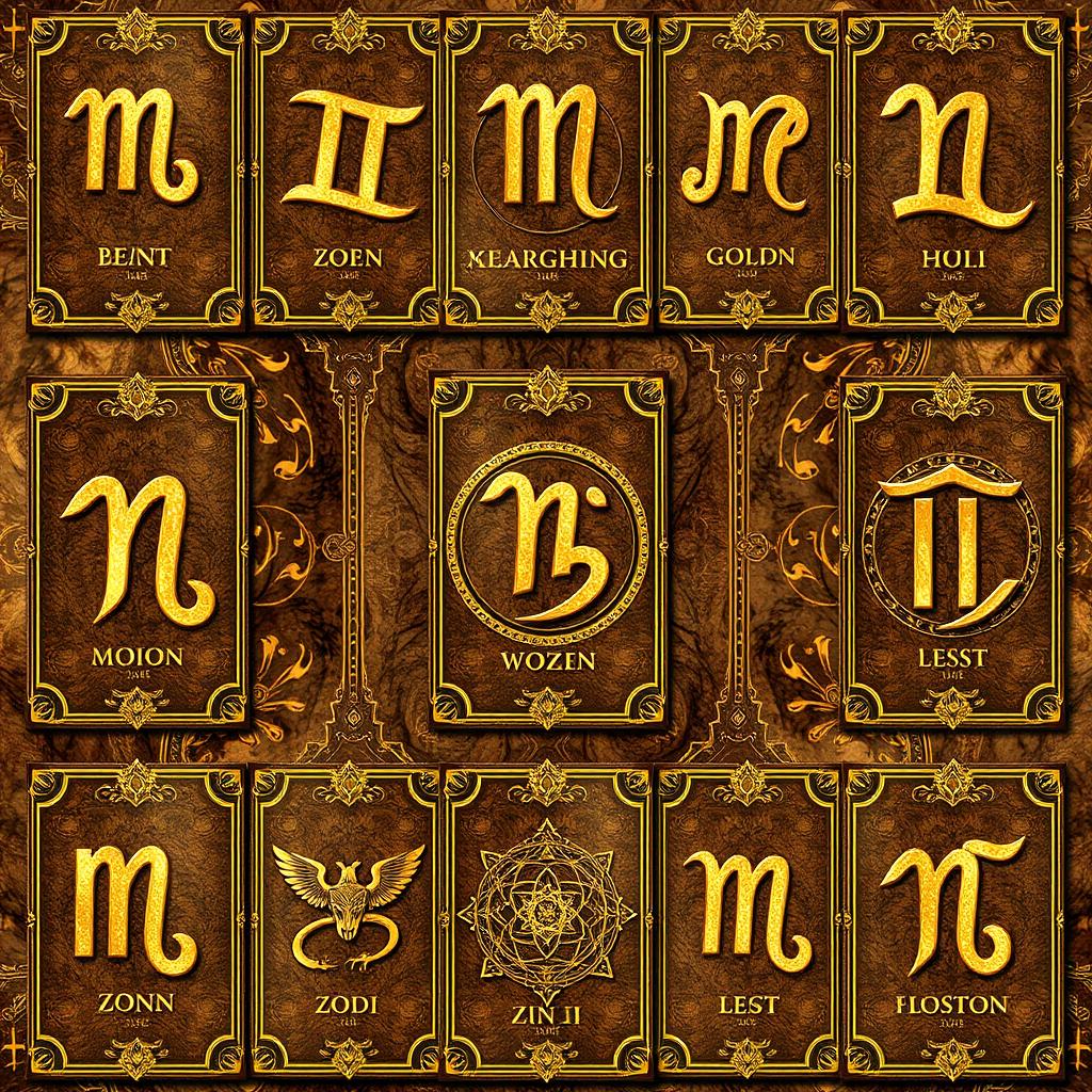 A stunning collection of golden zodiac cards, each representing one of the twelve zodiac signs in elegant, shimmering gold