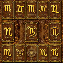 A stunning collection of golden zodiac cards, each representing one of the twelve zodiac signs in elegant, shimmering gold