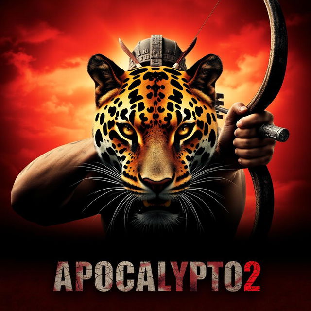 An epic and dramatic movie poster for "Apocalypto 2 (2025)" featuring Jaguar Paw positioned at the center, his intense eyes reflecting tension and fierce determination