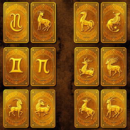 An exquisite collection of golden zodiac cards, each card representing one of the twelve zodiac signs along with their corresponding animal in elegant golden hues