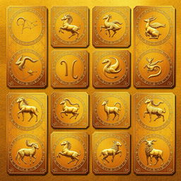 An exquisite collection of golden zodiac cards, each card representing one of the twelve zodiac signs along with their corresponding animal in elegant golden hues