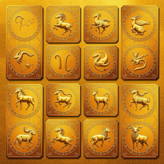 An exquisite collection of golden zodiac cards, each card representing one of the twelve zodiac signs along with their corresponding animal in elegant golden hues