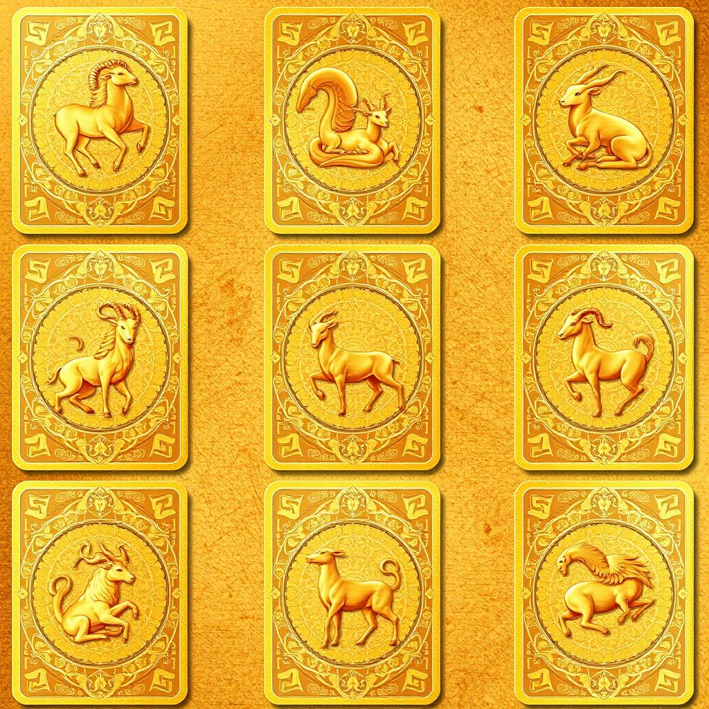 An exquisite collection of golden zodiac cards, each card representing one of the twelve zodiac signs along with their corresponding animal in elegant golden hues