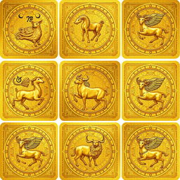 An exquisite collection of golden zodiac cards, each card representing one of the twelve zodiac signs along with their corresponding animal in elegant golden hues