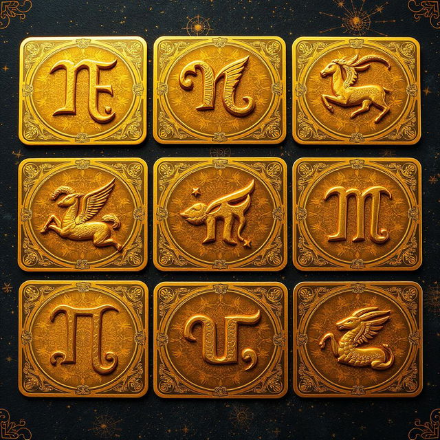 A series of stunning zodiac cards, each featuring one of the twelve zodiac symbols in luxurious golden color