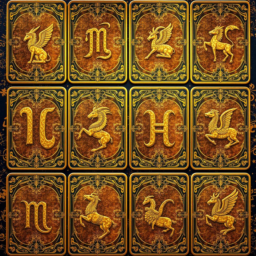 A series of stunning zodiac cards, each featuring one of the twelve zodiac symbols in luxurious golden color
