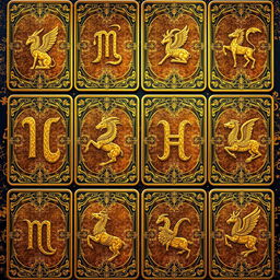 A series of stunning zodiac cards, each featuring one of the twelve zodiac symbols in luxurious golden color