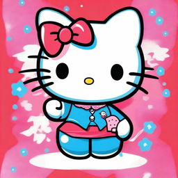 A high-quality digital art image depicts Hello Kitty, the beloved character, wearing a striking blue shirt