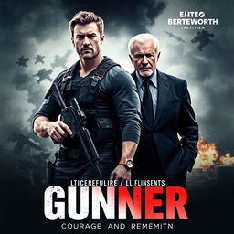 A gripping movie poster for 'Gunner' (2024), featuring Luke Hemsworth and Morgan Freeman