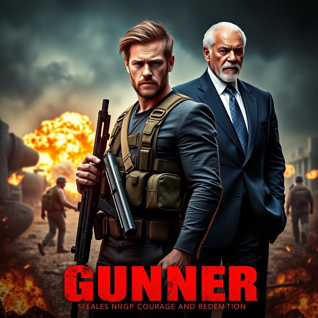 A gripping movie poster for 'Gunner' (2024), featuring Luke Hemsworth and Morgan Freeman