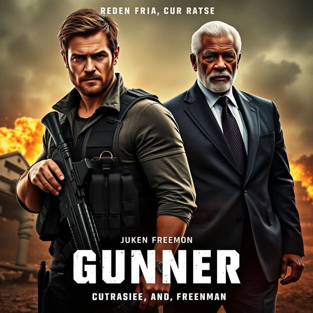 A gripping movie poster for 'Gunner' (2024), featuring Luke Hemsworth and Morgan Freeman