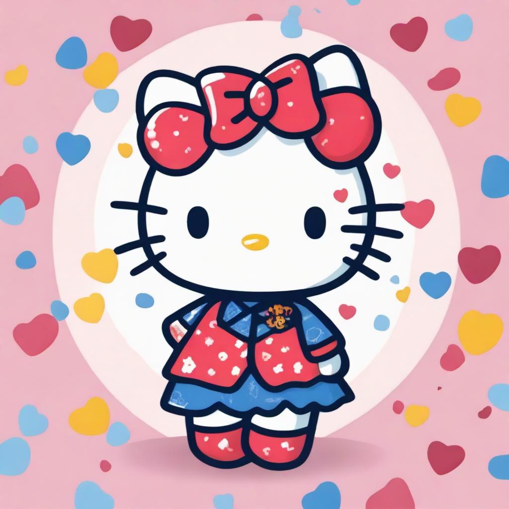 A high-quality digital art image depicts Hello Kitty, the beloved character, wearing a striking blue shirt