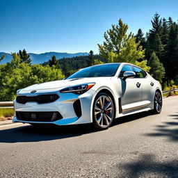 A sleek, modern white Kia Stinger parked on a scenic mountain road, surrounded by lush green trees and a clear blue sky