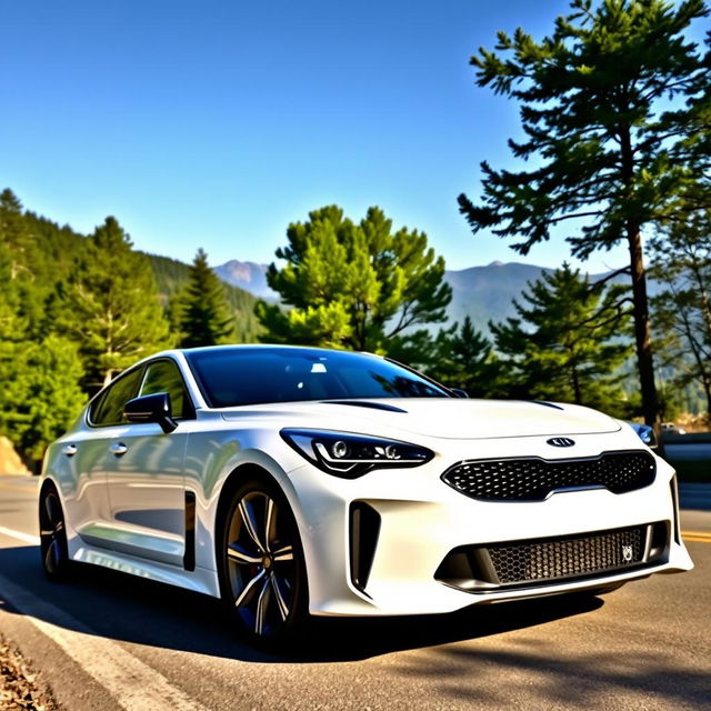 A sleek, modern white Kia Stinger parked on a scenic mountain road, surrounded by lush green trees and a clear blue sky