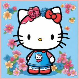 A high-quality digital art image depicts Hello Kitty, the beloved character, wearing a striking blue shirt