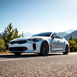 A sleek, modern white Kia Stinger parked on a scenic mountain road, surrounded by lush green trees and a clear blue sky