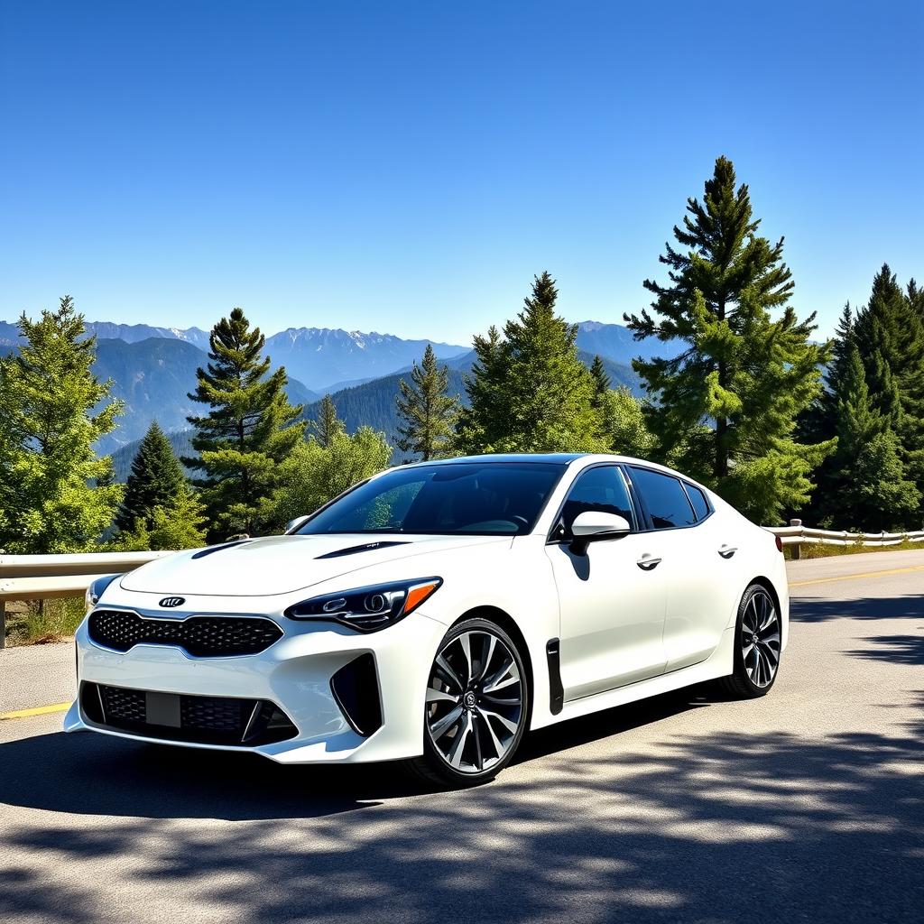 A sleek, modern white Kia Stinger parked on a scenic mountain road, surrounded by lush green trees and a clear blue sky