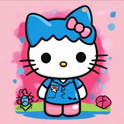 A high-quality digital art image depicts Hello Kitty, the beloved character, wearing a striking blue shirt