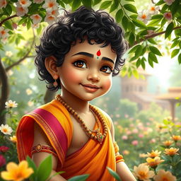 A serene and captivating scene depicting a young boy representing Radhe, dressed in traditional Indian attire, adorned with vibrant colors