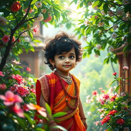 A serene and captivating scene depicting a young boy representing Radhe, dressed in traditional Indian attire, adorned with vibrant colors