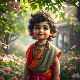 A serene and captivating scene depicting a young boy representing Radhe, dressed in traditional Indian attire, adorned with vibrant colors