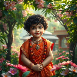 A serene and captivating scene depicting a young boy representing Radhe, dressed in traditional Indian attire, adorned with vibrant colors