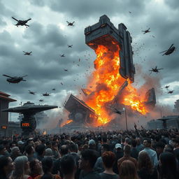 A dramatic scene showcasing the catastrophic destruction of a futuristic structure identified as FC 25