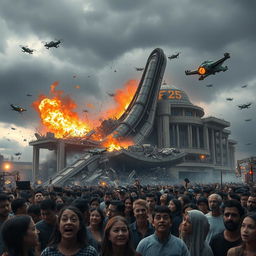 A dramatic scene showcasing the catastrophic destruction of a futuristic structure identified as FC 25