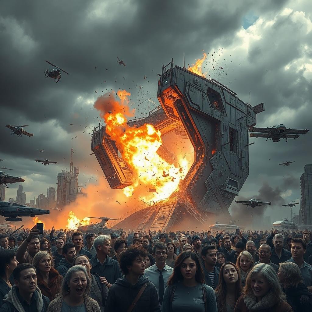 A dramatic scene showcasing the catastrophic destruction of a futuristic structure identified as FC 25