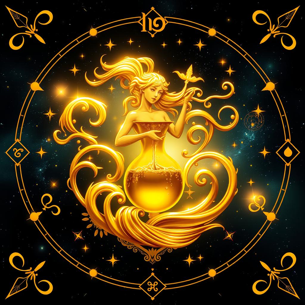 A stunning portrayal of the Aquarius zodiac sign, artistically crafted in radiant golden color