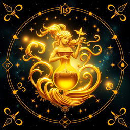 A stunning portrayal of the Aquarius zodiac sign, artistically crafted in radiant golden color