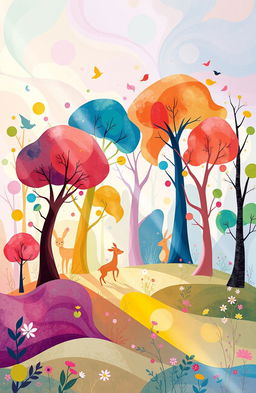 An enchanting abstract illustration for a children's book depicting a whimsical forest filled with vibrant, colorful trees of various shapes and sizes