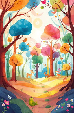 An enchanting abstract illustration for a children's book depicting a whimsical forest filled with vibrant, colorful trees of various shapes and sizes