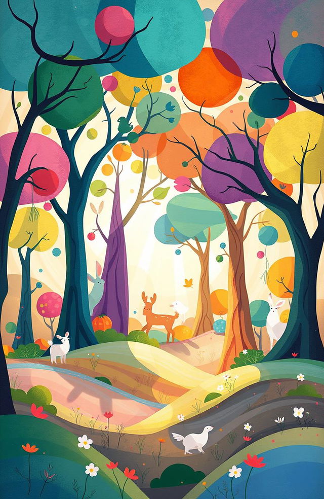 An enchanting abstract illustration for a children's book depicting a whimsical forest filled with vibrant, colorful trees of various shapes and sizes