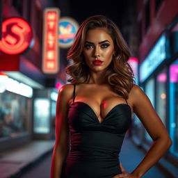 A sensual femme fatale portrayed as a confident, alluring woman standing in a dimly lit street, dressed in an elegant, form-fitting dress that accentuates her curves