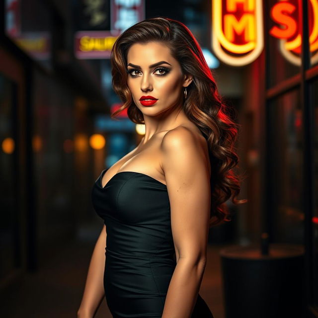 A sensual femme fatale portrayed as a confident, alluring woman standing in a dimly lit street, dressed in an elegant, form-fitting dress that accentuates her curves