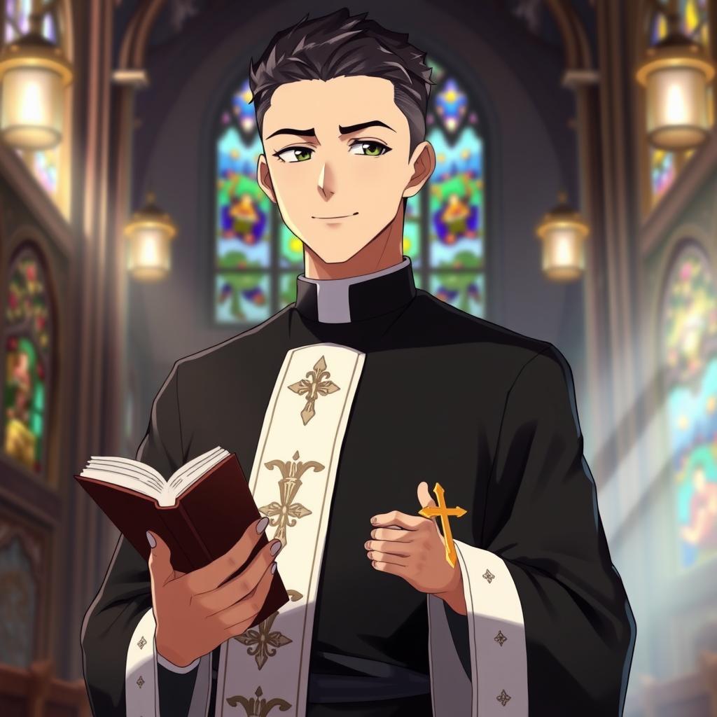 An adult male priest character depicted in a vibrant anime style, wearing traditional priest attire consisting of a black cassock with a white collar, complete with subtle ornate details