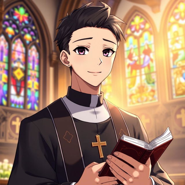 An adult male priest character depicted in a vibrant anime style, wearing traditional priest attire consisting of a black cassock with a white collar, complete with subtle ornate details